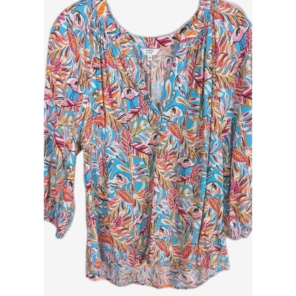 Crown& Ivy Blouse Flamingo Floral Print Womans 3/4 Sleeve Size Large Vacation